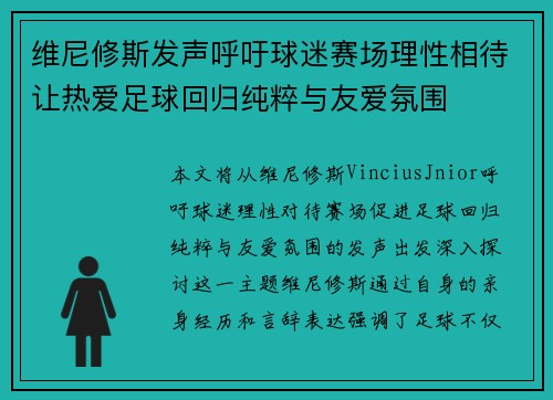 维尼修斯发声呼吁球迷赛场理性相待让热爱足球回归纯粹与友爱氛围