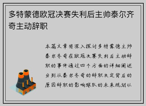 多特蒙德欧冠决赛失利后主帅泰尔齐奇主动辞职