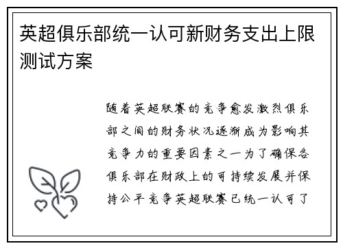 英超俱乐部统一认可新财务支出上限测试方案